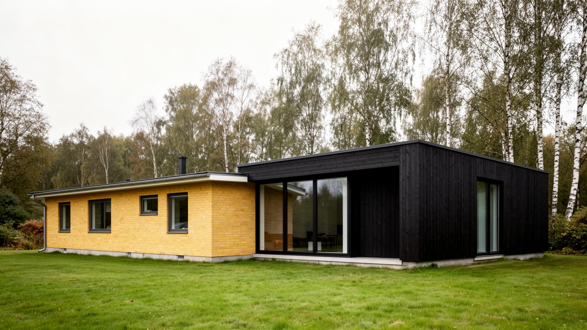 Parcelhus fra 1970'erne med moderne tilbygning i mørkt træ