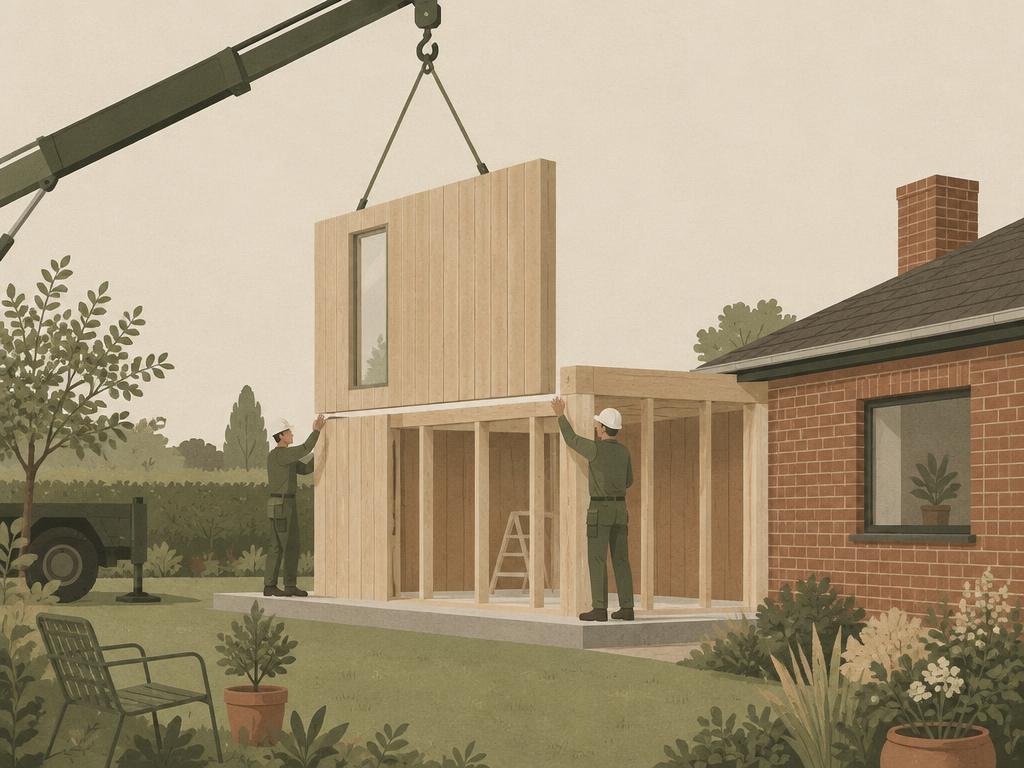 Certificerede installatører monterer et præfab-element med kran